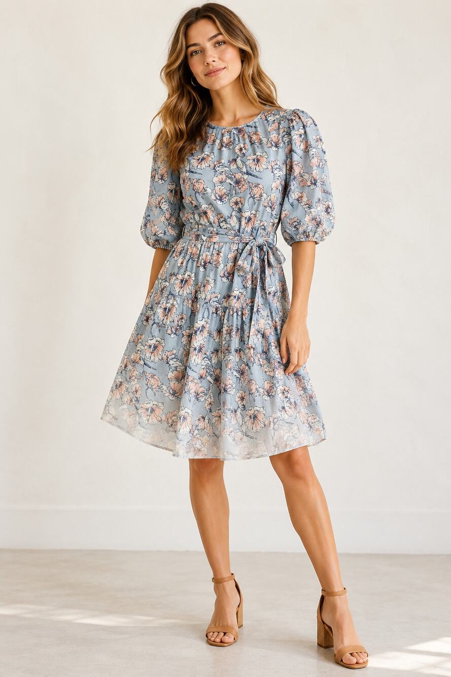 St. Roche Blue Floral Bird Print Mini Dress Puff Sleeve Tie Waist Cotton Size 0